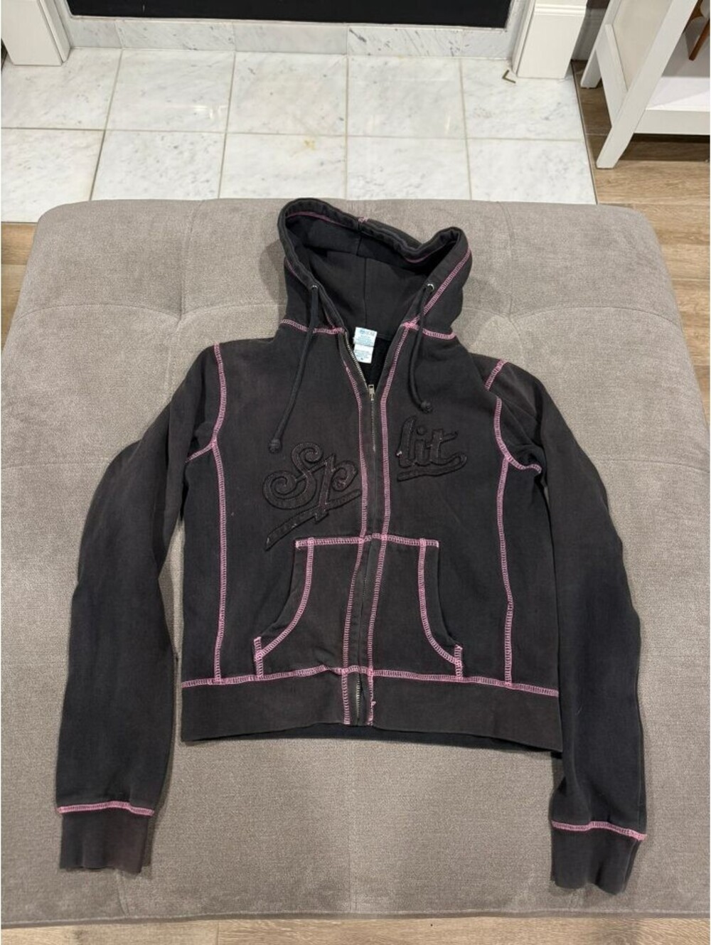 Split Y2K Black Pink Contrast Stitch Zip Hoodie Womens M